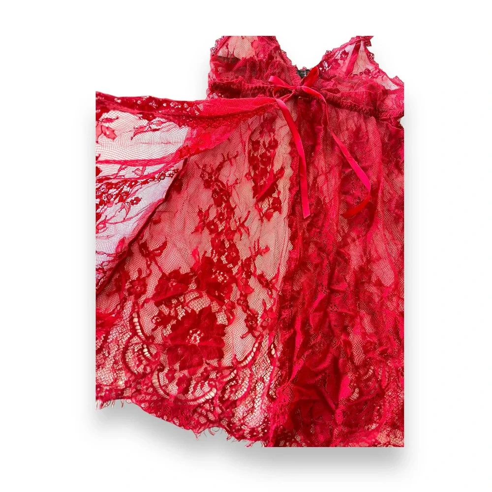 AvidLove Lace Sheer Open Front Babydoll Sexy Negligee Lingerie | Red, Small - Picture 5 of 9